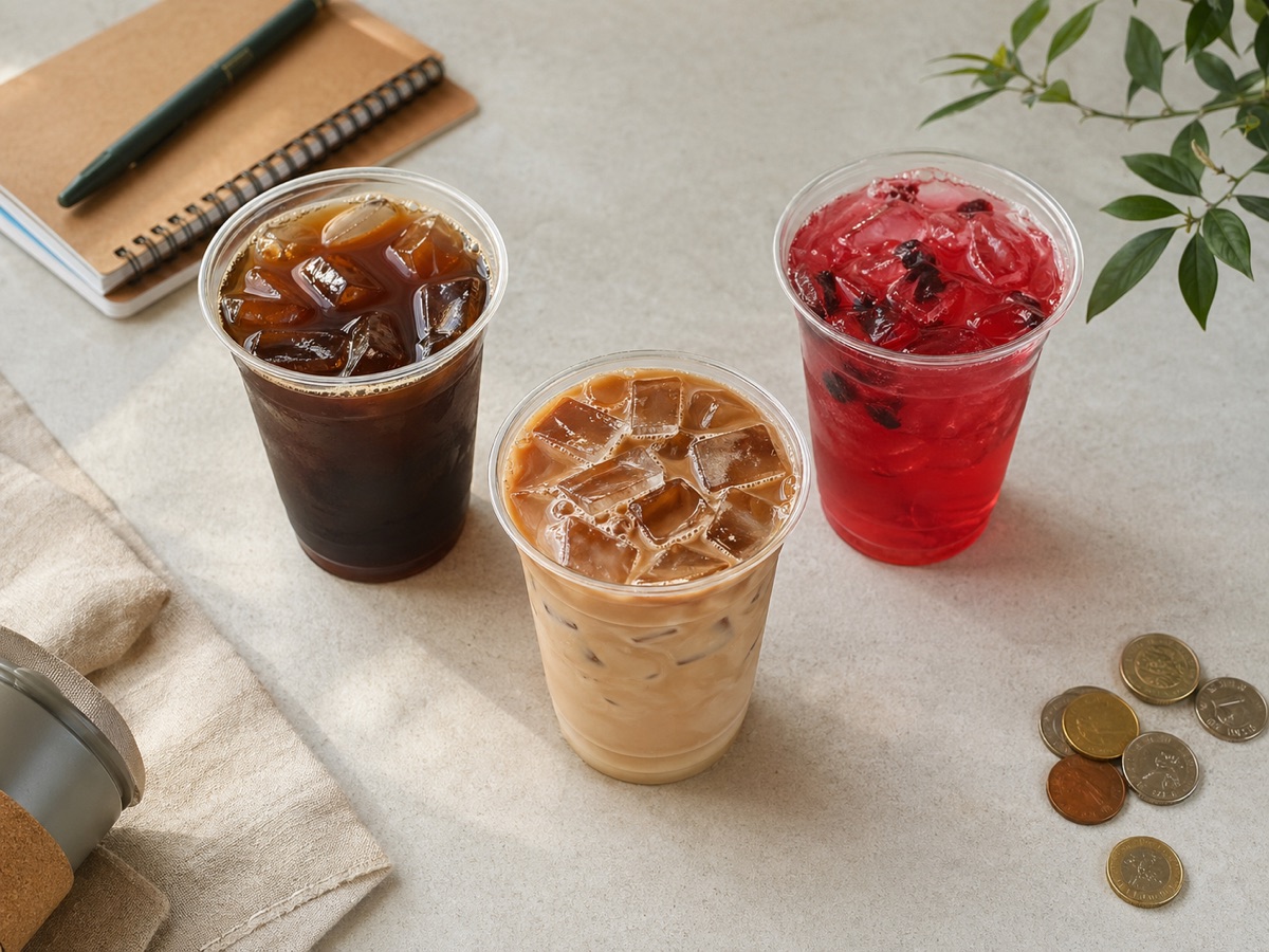 Unbranded iced coffee and fruit refresher style drinks with notebook and coins