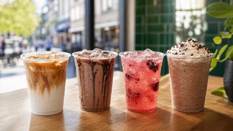Iced coffee, fruit refresher and blended cold drink on a cafe table