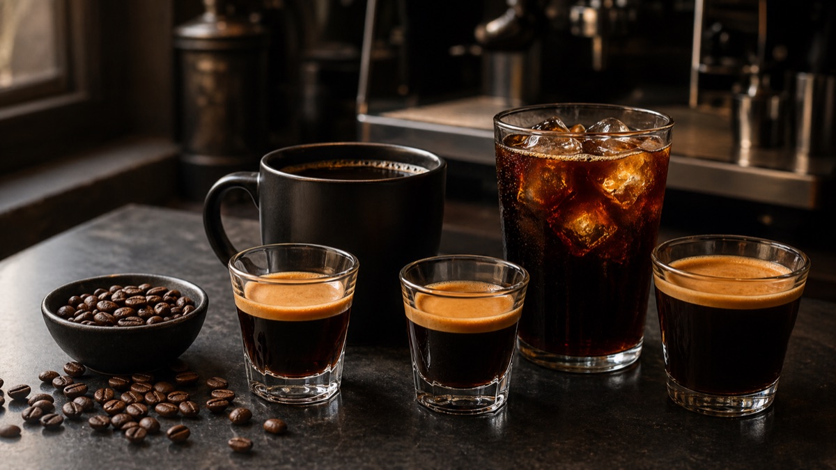 Unbranded cold brew coffee with ice on a cafe counter