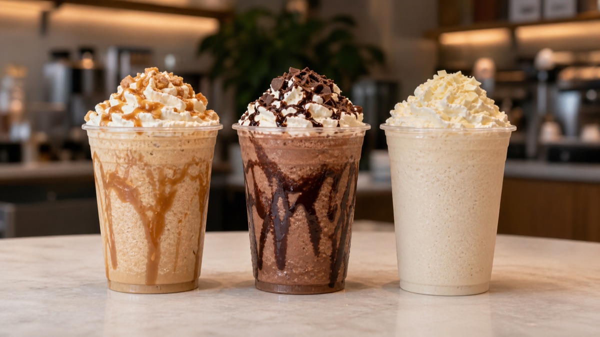 Unbranded blended iced drinks on a cafe counter