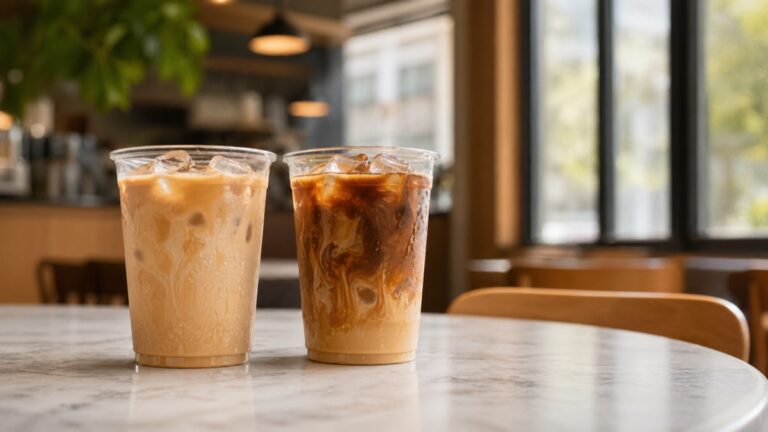 Unbranded iced coffees on a cafe table for a UK iced coffee guide