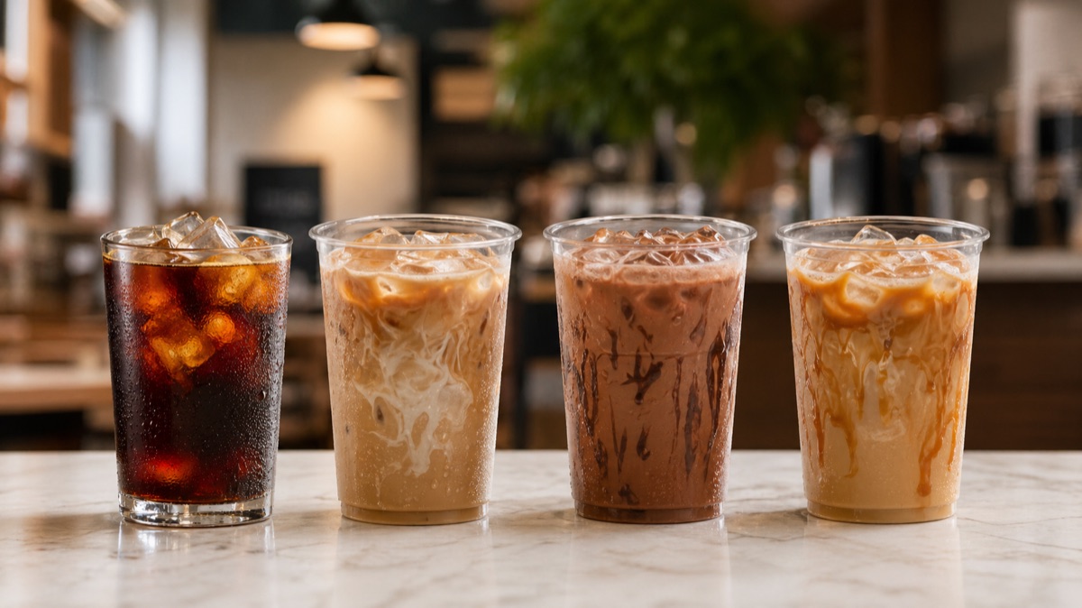 Unbranded iced latte with espresso and milk layers