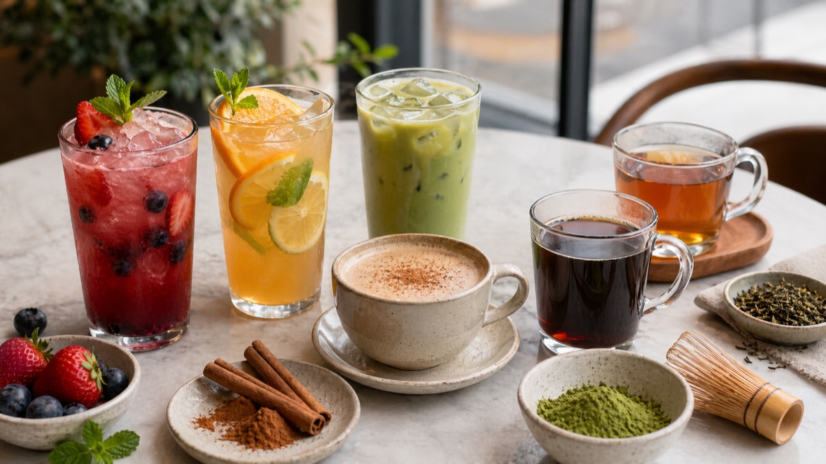 Colourful unbranded fruit iced drinks on a summer cafe table